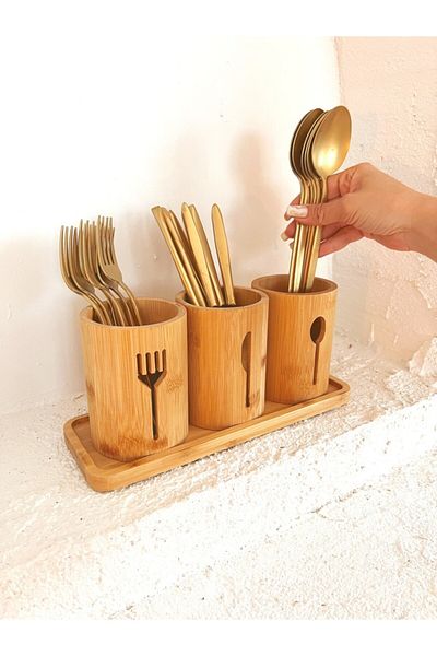 devigo 3-Piece Fork Spoon Knife Organizer Set with Bamboo Base 4 Pieces