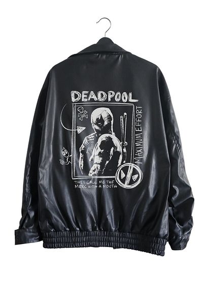 Fuddy Moda Deadpool Oversize Printed Unisex Δερμάτινο Μπουφάν - Streetwear με Μαύρη Φόδρα