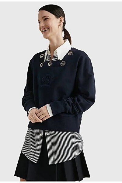 Tommy Hilfiger PAMUKLU GÖĞÜS METAL DETAYLI NAKIŞLI  OVERSİZE SWEATSHİRT