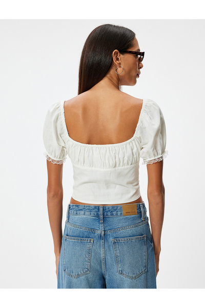 Koton Bavlněná krajková halenka - balonový rukáv a límeček s knoflíkem