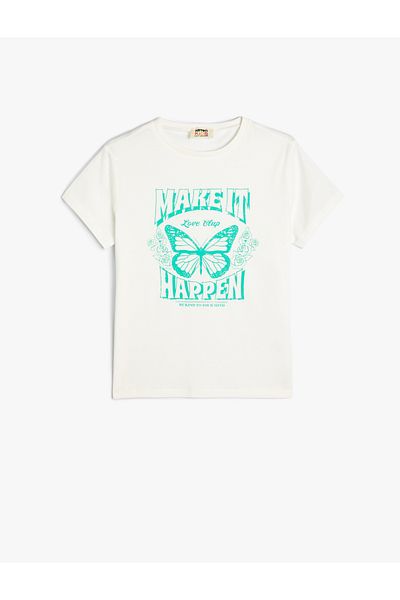 Koton Cotton Short Sleeve T-Shirt - Butterfly Printed, Crew Neck