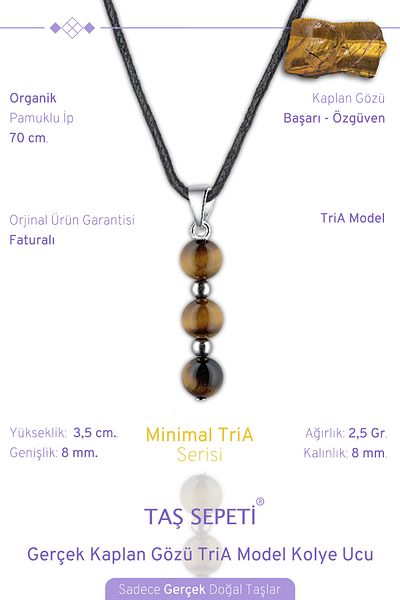 TAŞ SEPETİ Real Tiger Eye Natural Stone Minimal Tria Model Cotton Drawstring Men's Necklace