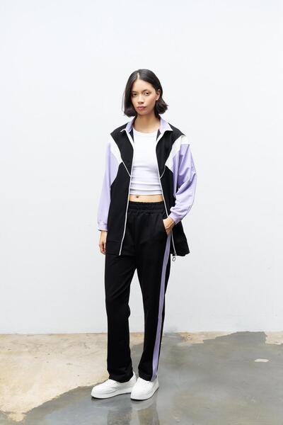 Basicpark Black Women's Zipper Closure Crew Neck Color Garnished Top and Elastic Trousers Knitted Bottom Top Set