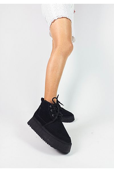 GDT Ayakkabı Black Color Suede Flat Sole Lace up Women's Boots