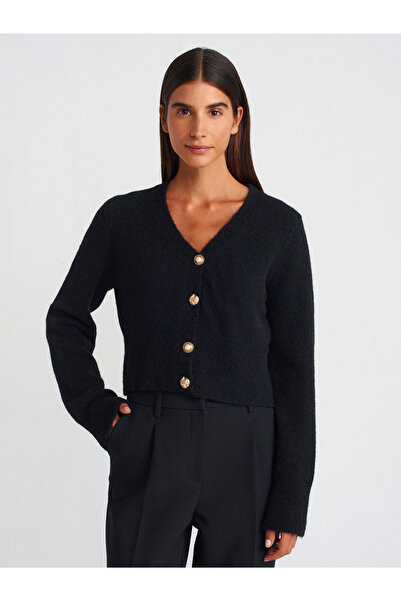 Dilvin 60273 Πλεκτό με κουμπιά V-λαιμόκοψη Ζακέτα-Μαύρο