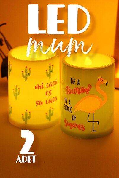 Telvesse 2li Led Mum Kaktüs Flamingo Bardak Tipi Pilli Dumansız Alevli Dekora...
