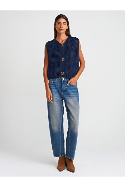 Dilvin 60274 Crew Neck Pocket Buttoned Knitwear Vest-Navy Blue