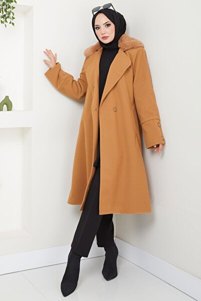 hafsamina Cashmere Coat with Fur Collar Detail Taba Hm2583