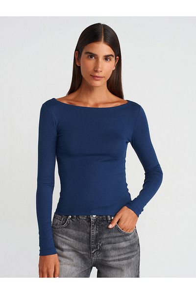 Dilvin 31332 Boat Neck Long Sleeve Top-Navy Blue