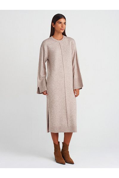 Dilvin 90236 Mink Knitwear Dress - Crew Neck and Slit Detail