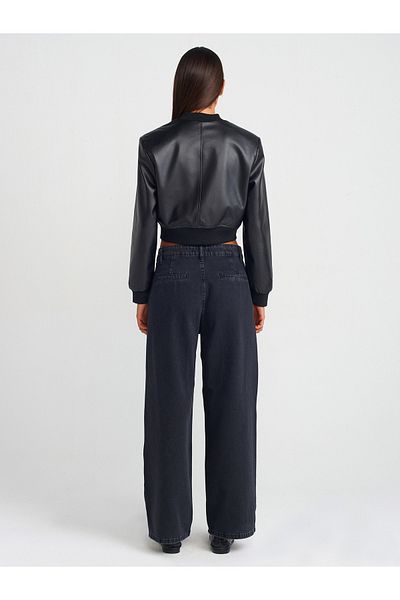 Dilvin 71733 Pleated Wide Denim Trousers-Black