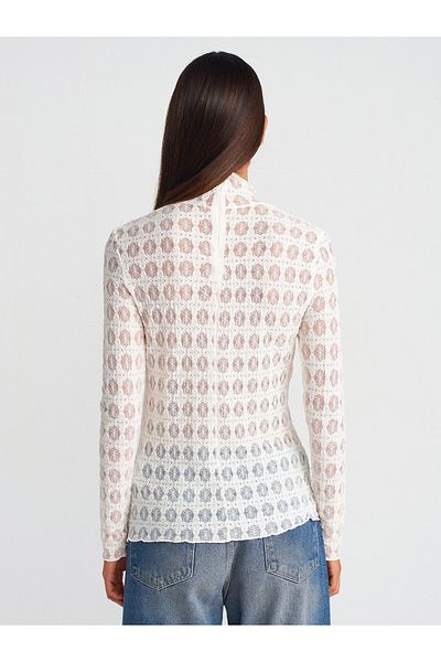 Dilvin 31328 Turtleneck Zippered Lace Top- Ecru