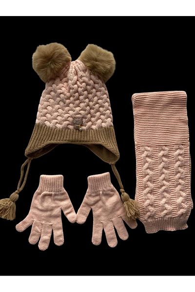 Kitti 4-8 Years Old Girls' Beanie Inside Fleece Outside Acrylic Pompom Scarf Beanie Gloves 3-Piece Set Salmon Brown
