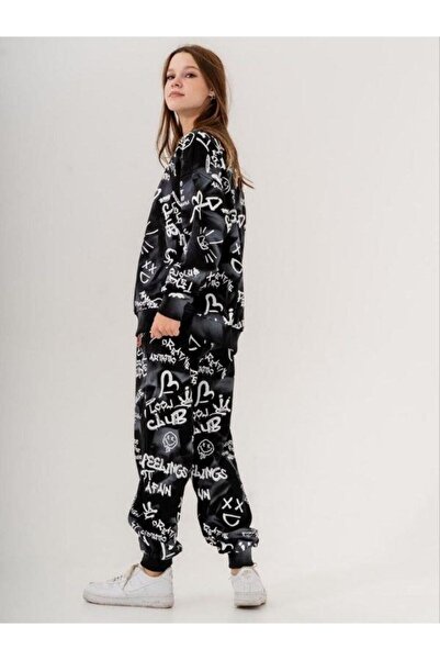 Zekids Girl's 3 Thread Written Tie-Dye Patterned Tracksuit Set