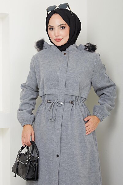 hafsamina Large Size Gray Stamp Coat - Furry Hood and Lace-Up Hm2584