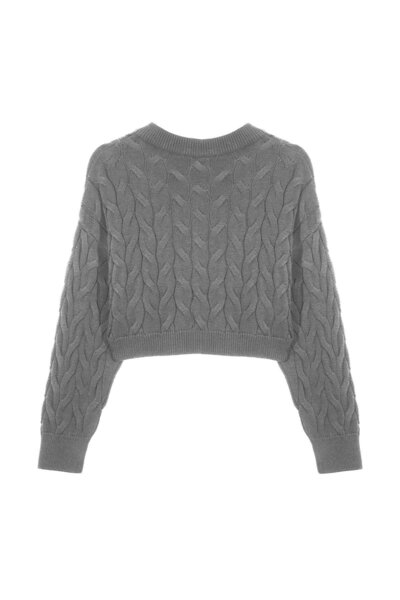 SHERIN Gri Melanj Saç Örgülü Crop Triko Kazak