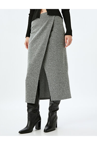 Koton Midi Size Asymmetrical Double Breasted Skirt with Ribbed Slits