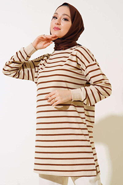 Genel Markalar Yatay Çizgili Basic Tunik Kahve