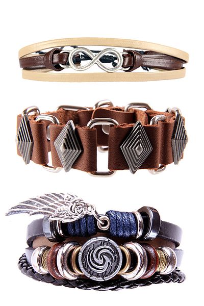 Dejavu Leather Unisex Bracelet Bundle with String and Figure Detail