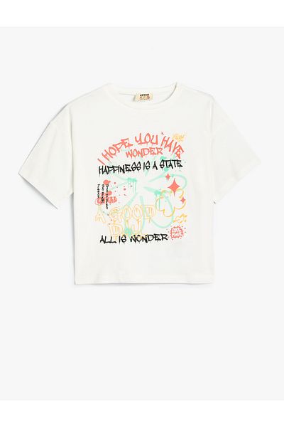 Koton Graffiti Printed Cotton Short Sleeve T-Shirt - Crew Neck
