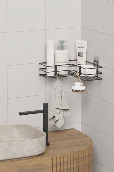 zabata Black Metal Adhesive Bathroom Corner - Shelf Shower Shampoo Holder Wall Organizer