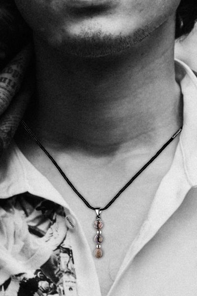 TAŞ SEPETİ Real Rhodonite Natural Stone Minimal Tria Model Cotton Drawstring Men's Necklace