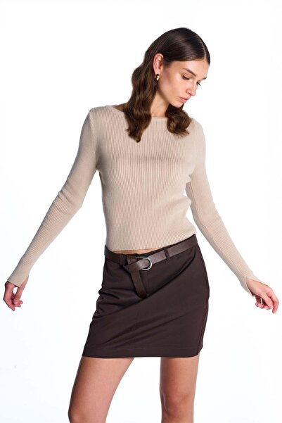 SHERIN Beige Long Sleeve Ribbed Sweater