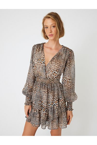 Koton Leopard Print ChiffonMiniDress - Double Breasted Collar and Balloon Sleeves