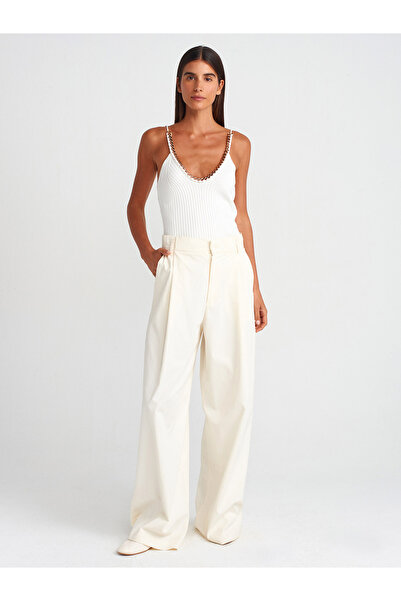 Dilvin 10607 Strappy Chain Corded Knitwear Blouse-Ecru