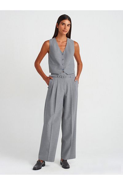 Dilvin 71560 Belted Collet Fabric Trousers-Light Gray