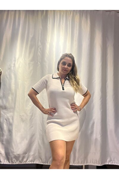 SED4NINBUTİK KADIN BEYAZ,SİYAH ŞERİTLİ KISA KOLLU MİNİ BOY TRİKO ELBİSE