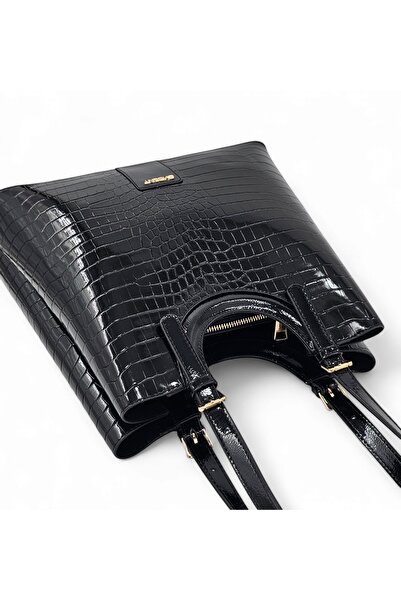 Evident Black Patent Leather Crocodile Patterned Women's Bag with Adjustable Shoulder Strap