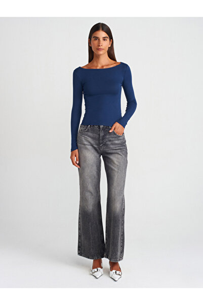 Dilvin 31332 Μπλουζάκι με μακρυμάνικη λαιμόκοψη-Μπλε