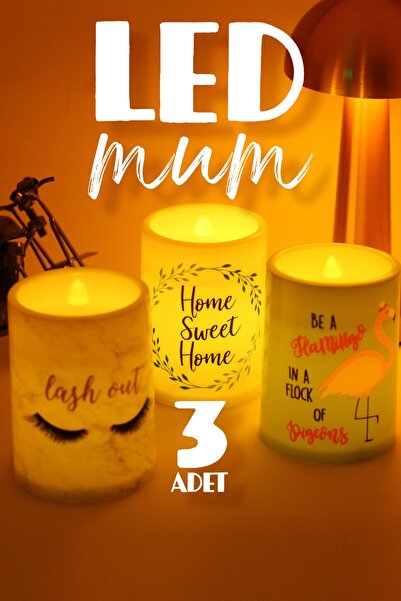Telvesse 3lü Led Mum Kirpik Çelenk Flamingo Bardak Tipi Pilli Dumansız Alevli...