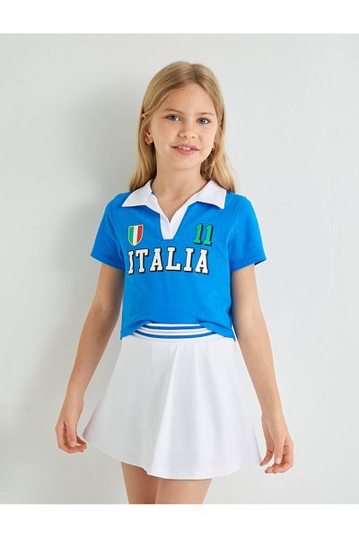 Koton Tricou crop cu gât polo - bumbac, mânecă scurtă, tematică sportivă
