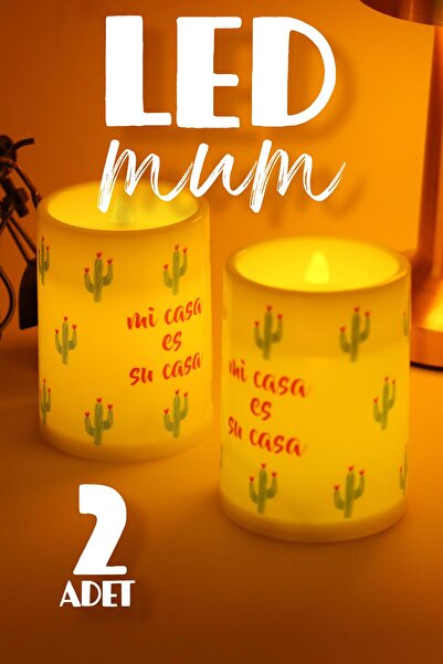 Telvesse 2li Led Mum Kaktüs Bardak Tipi Pilli Dumansız Alevli Dekoratif Yapay...