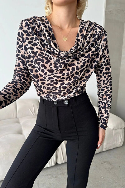 LACHT Bluză de damă cu mânecă lungă, guler cu dantelă, cu model leopard