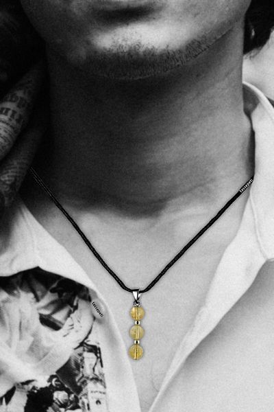 TAŞ SEPETİ Real Citrine Natural Stone Minimal Tria Model Cotton Drawstring Men's Necklace