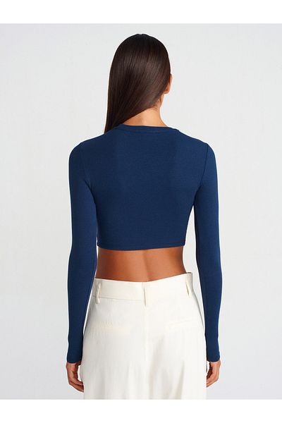 Dilvin 31236 Long Sleeve Crop Top-Navy Blue