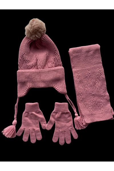 Kitti Pink Acrylic Pompom 3-Piece Set for 4-8 Years Old Girl - Beanie, Gloves Scarf Set
