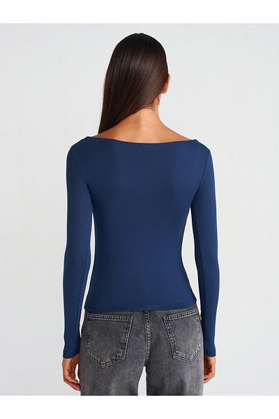 Dilvin 31332 Boat Neck Long Sleeve Top-Navy Blue