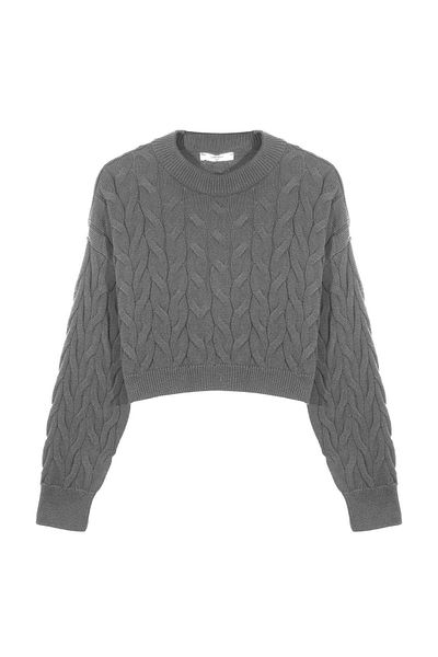 SHERIN Pulover din tricotaje crop împletit cu păr gri Melange