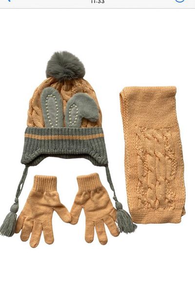 Kitti 4-8 Years Old Girls' Beanie Inside Fleece Outside Acrylic Pompom Scarf Beanie Gloves 3-Piece Set Orange Gray
