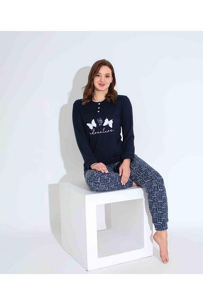 Tarık Mother Girl Women's Thermal Long Sleeve Half Buttoned Butterfly Embroidery Black Pajamas Set