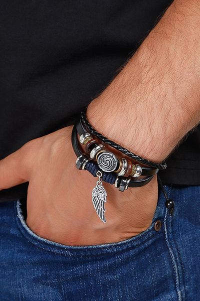 Dejavu Leather Unisex Bracelet Bundle with String and Figure Detail