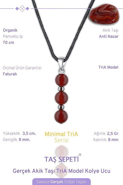 TAŞ SEPETİ Real Agate Natural Stone Minimal Tria Model Cotton Drawstring Mens Necklace