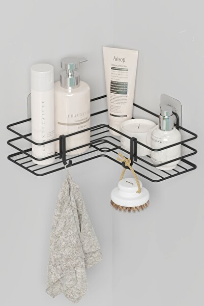 zabata Yapışkanlı Banyo Köşeliği Köşe Rafı Duş Şampuanlık Duvar Düzenleyici Organizer Raf Siyah Metal