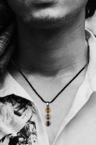 TAŞ SEPETİ Real Tiger Eye Natural Stone Minimal Tria Model Cotton Drawstring Men's Necklace