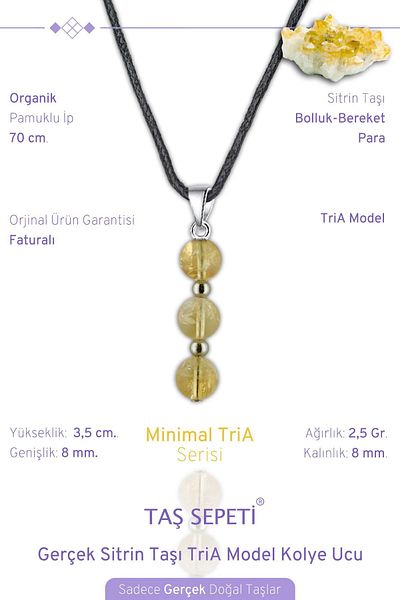 TAŞ SEPETİ Real Citrine Natural Stone Minimal Tria Model Cotton Drawstring Men's Necklace