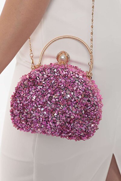 womenacs Fuchsia Jewelled Full Pebble Pearl Opening Knob Evening Clutch - for Wedding and Engagement Past